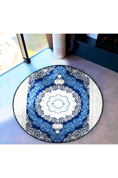 Rugs Modern Halı Mira Round Navy Blue White Ethnic Pattern Detailed Woven Bas...