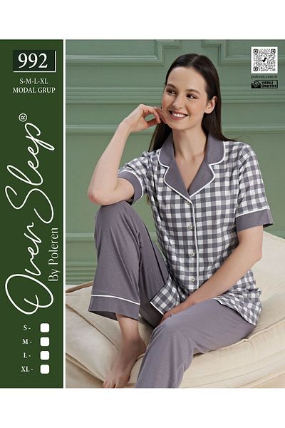 Over Sleep by Poleren Gray Plaid Shirt Collar Short Sleeve Women's Pajamas Set