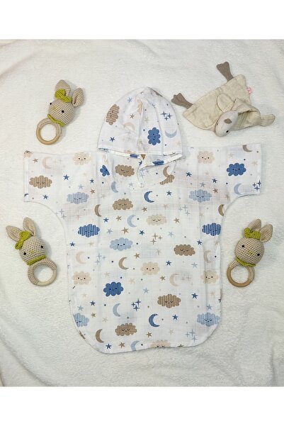 Fronte Home Children's Poncho Muslin Hooded Blue Cloud Patterned 100% Cotton