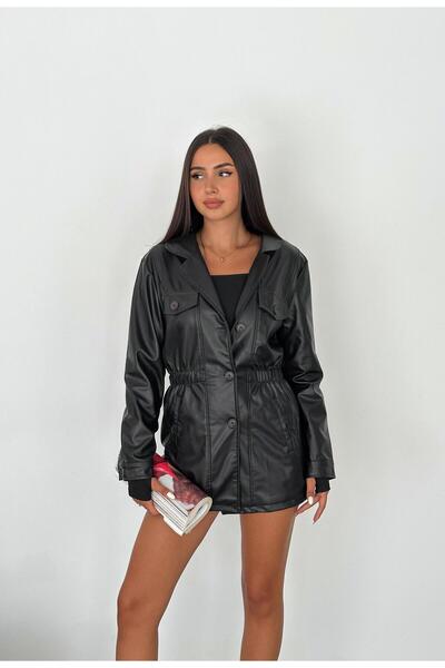 diaves Siyah Ceket Yaka Düğme Kapama Beli Büzgülü Ara boy Deri Trençkot