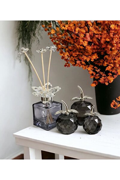 ArzzHome 3'lü Kristal Elma Obje Füme & Kristal Koku Şişesi Füme Gümüş Set