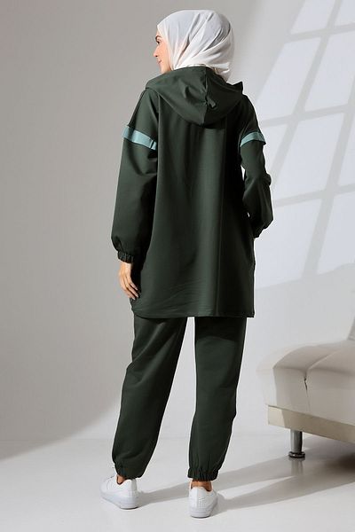 Mihran Butik Χακί Πράσινο Γυναικείο Αθλητικό και Άνετο Σετ Hijab - Εποχιακό χτενισμένο βαμβακερό κάτω και επάνω σετ