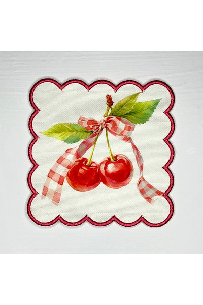 DECO Watercolor Bow Cherry Patterned Digital Printed Embroidered Cocktail Napkin