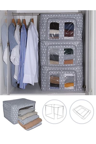Sertil 3 Pieces Steel Framed Windowed Multi-Purpose Organizer Storage Medium Wire Storage 40X50X30Cm Sweater Storage