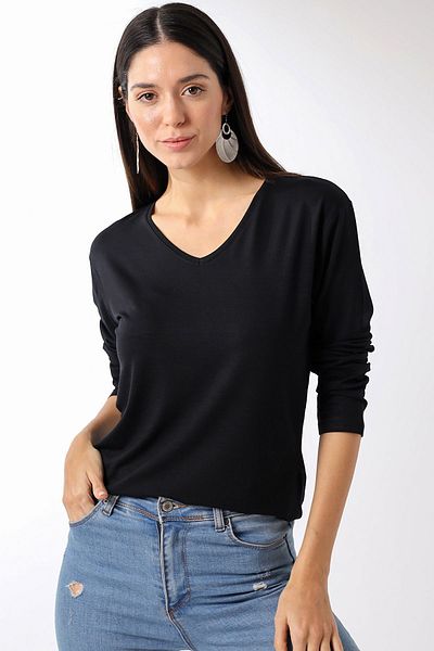 Devinka Tricou de damă cu decolteu în V supradimensionat de bază cu mânecă lungă, negru
