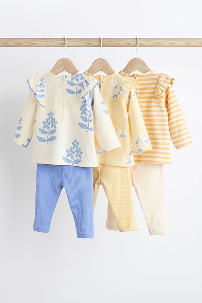 Next Baby Blue Yellow Floral Patterned 100% Cotton 3-Piece Long Sleeve Suit Set