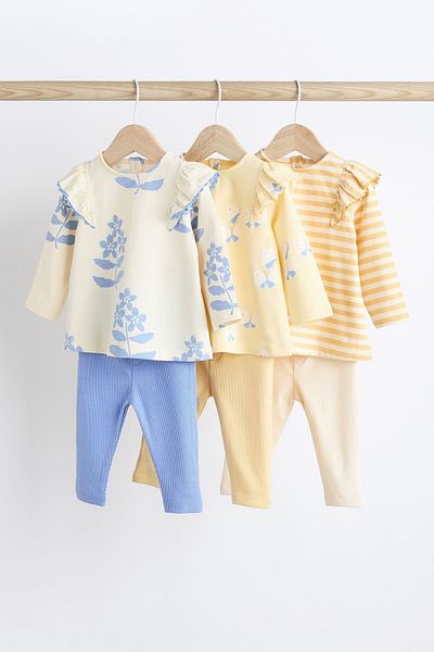 Next Baby Blue Yellow Floral Patterned 100% Cotton 3-Piece Long Sleeve Suit Set