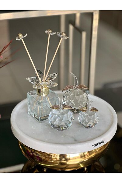 ArzzHome 3'lü Kristal Elma Obje Sade Gold & Kristal Koku Şişesi Sade Gold Set