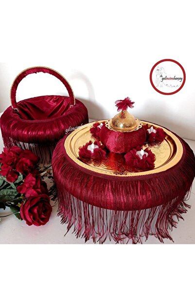 Gelincimherşey Bordo Püsküllü Kadife Kaplama Altın Metal Tepsili Kına Tepsisi...