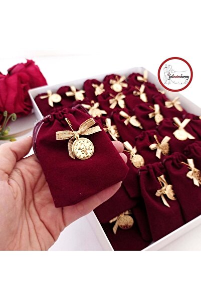 Gelincimherşey 50'li Bordo Süet Ipli Çeyrek Payet Süslemeli Kese Hediyelik Kına