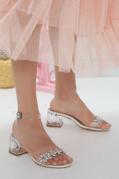 Miss Nysa Women's Silvery White Transparent Stone Thick Heeled Shoes