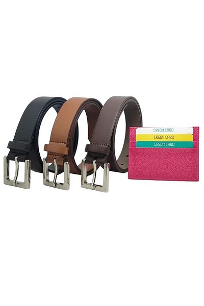 genuine leather company eds 3-piece Square Silver Buckle Thin Belt Set - Card Holder Wallet for Pants, Shirts and Jackets
