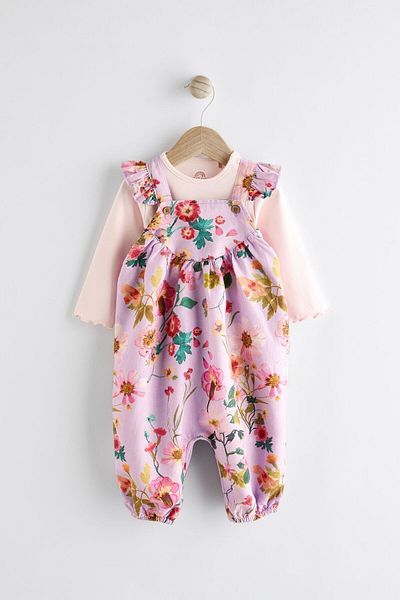Next Baby Purple Flower Patterned Salopet Body and Bodysuit - 100% Cotton Set of 2
