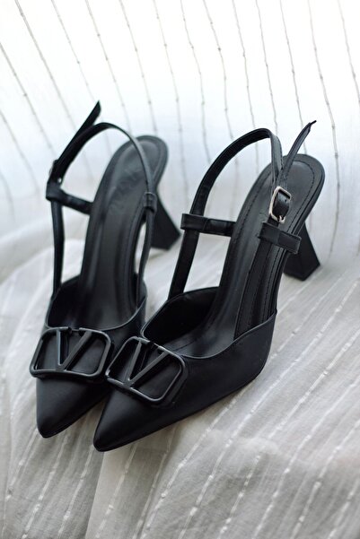 Rainon Store Y3033 Black Leather Buckle Women's Heeled Shoes