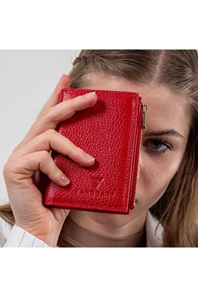 TANGCARF Lira Women's Wallet Genuine Leather Small Size Zippered Wallet with Coin Compartment Red