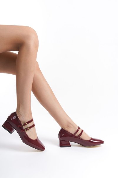 FOLLOWIN Women's Burgundy Patent Leather Double Strap Blunt Toe Short Thick Heeled Shoes