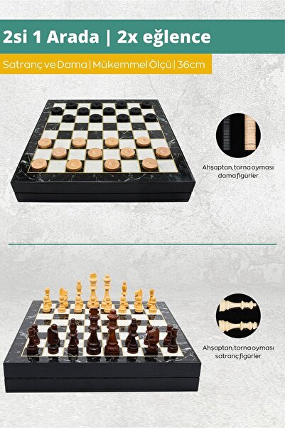 Cooper Chess Kutulu Ahşap Satranç ve Dama Takımı | Kişiye Özel Metal Etiketli | 36cm Ahşap Mermer Desenli Satranç