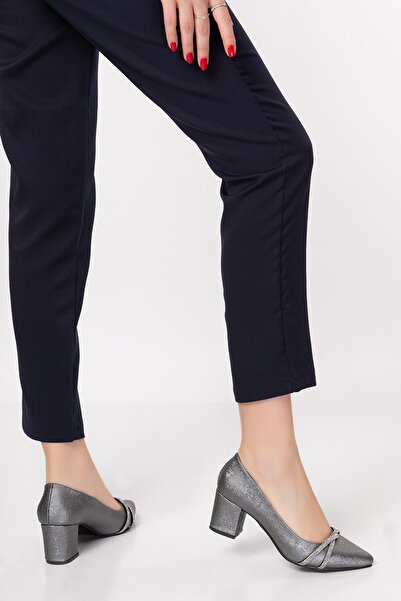 FOLLOWIN Shiny Stone Detailed - Pantofi de damă cu toc gros argintiu strălucitor