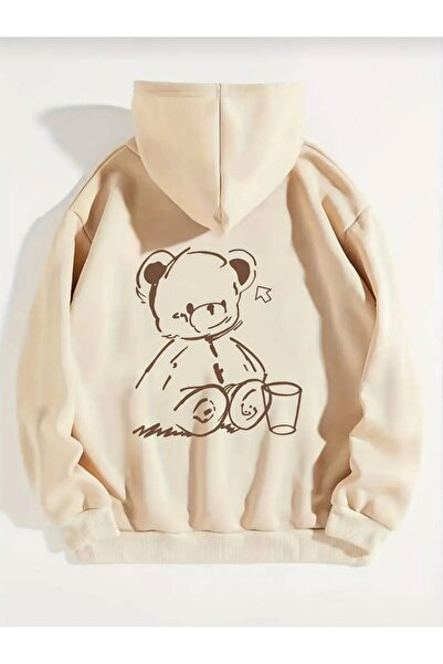 Meyar Ayıcık Basılı Oversize Unisex Kapüşonlu Kışlık Kalın Sweatshirt Hoodie