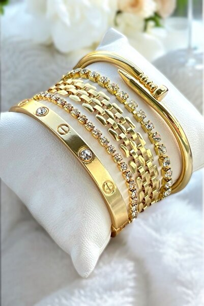 LOWEN AKSESUAR مجموعة من 5 أساور نسائية ذهبية مرصعة بأحجار الزركون