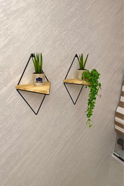 DDPEST 2 Li Lüks Doğal Masif AçıkRenk Ahşap Dekoratif Üçgen Raf Balkon Çiçekl...