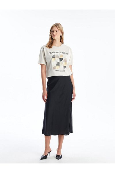 LC Waikiki Tricou supradimensionat LCW Vision pentru femei - gri deschis, decolteu, imprimat, maneca scurta