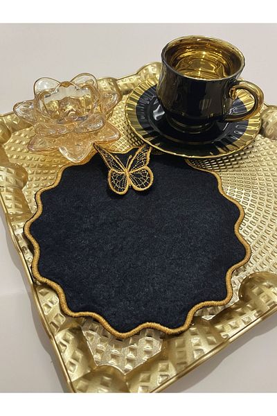 AYNAKIŞÇEYİZ Pachet de 6 șervețele de prezentare laterale de cafea din pâslă cu broderie cu model fluture 3D
