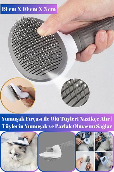 Hane Dostu Ergonomic Buttoned Cat Dog Brush - Soft Tip, Self-Cleaning |   Feather Collection Comb