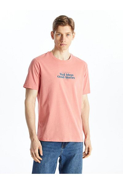 LC Waikiki Ανδρικό χτενισμένο βαμβακερό μπλουζάκι LCW Casual - Coral Printed Crew Neck