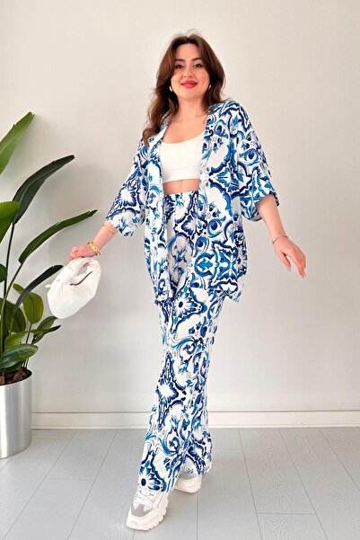 RB COLLECTİON مجموعة كيمونو مزدوجة بنمط أزرق مريحة