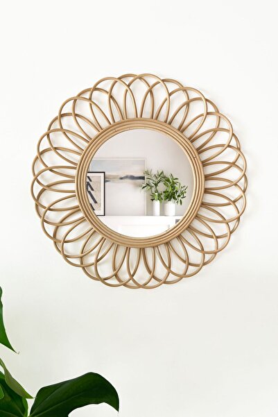 Genel Markalar El Yapımı Rattan Bambu Yuvarlak Ayna (60CM), Doğal Hasır Dekoratif Bohem Duvar Aynası