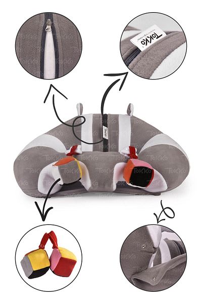 TOKKO Gray White Baby Cushion - Baby Seat with Anti-Tipping Toy - Large Baby Seat