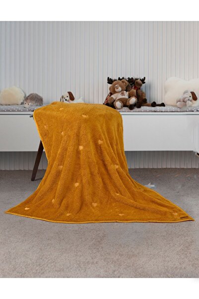 Beibons بطانية ويل سوفت اللطيفة للأطفال والرضع مقاس 90x100 سم - خردل مطرز على شكل قلب