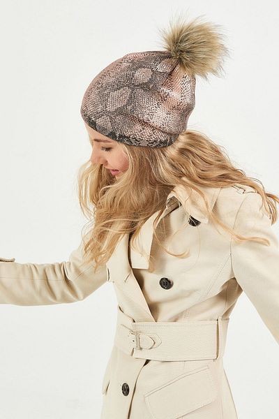 POSUSS Snake Printed Acrylic Women's Beanie with Pompom Pink Gray - Ps522