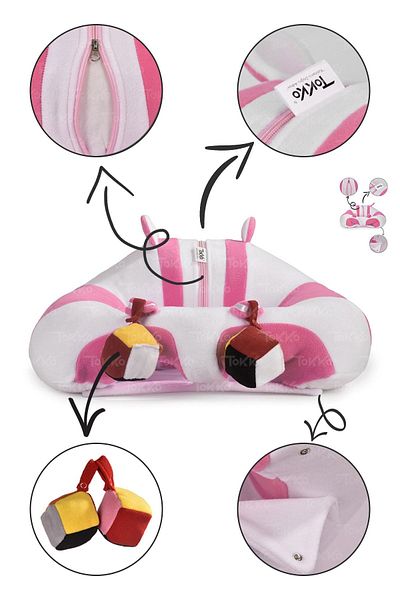 TOKKO White Pink Non-Tipping Baby Seat - Baby Sitting Support Cushion with Toys