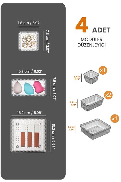 Meleni Home 4-piece Anthracite Drawer Organizer - Cosmetic Jewelry and Makeup Organizer In-cabinet Organizer