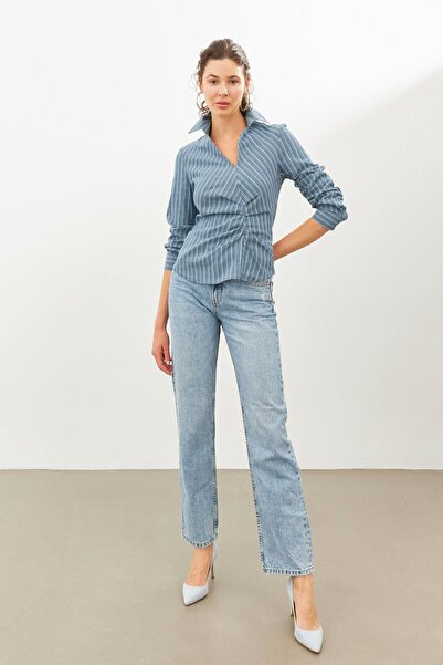 STELLA PULVIS Mavi Pile Detaylı Kruvaze Çizgili Gömlek