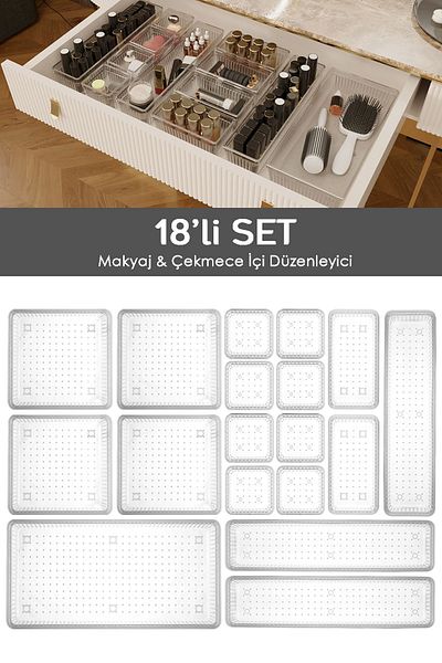 Meleni Home 18-piece Transparent Organizer - Cosmetic Jewelry, Makeup and Closet Organizer