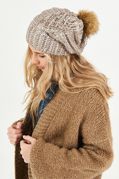 POSUSS Simli Ponponlu Akrilik Kadın Bere Taş Bronz - Ps451