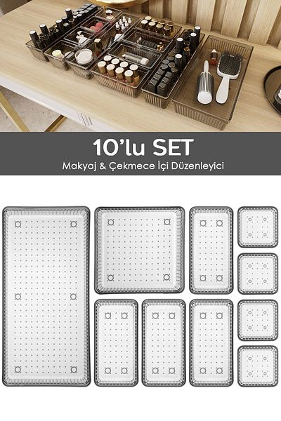 Meleni Home Anthracite 10-piece Cosmetic and Makeup Organizer - In-cabinet Organizer
