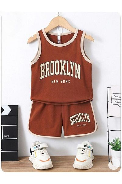 VESTIR BIEN Brooklyn Printed Brown Kids Set - Hanging Bottom-top Set