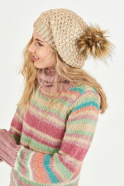 POSUSS Glittery Pompom Acrylic Women's Beanie Beige/copper - Ps344