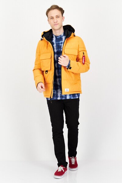 Alpha Industries Men Faux Fur Hood Plain Parka Jacket, Orange