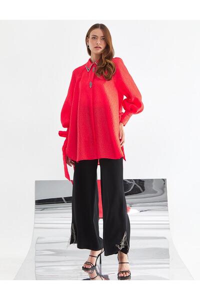 Kayra Sequined Balloon Sleeve Blouse Red