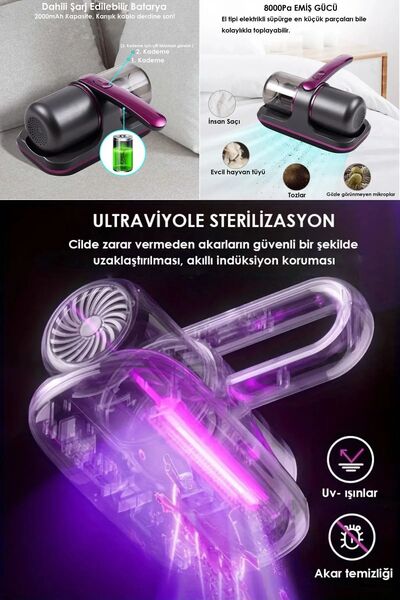 HaLVeY Anti Alerjen Uv Işınlı Şarjlı Yatak + Koltuk + Çarşaf + Yastık  El Süpürgesi