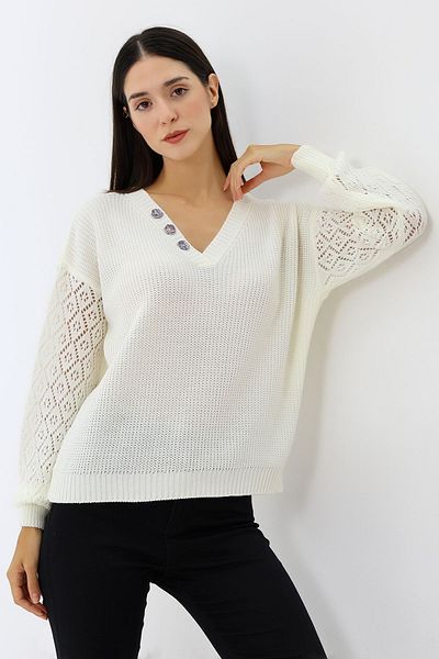 Devinka Comfortable V-neck Balloon Sleeve Knitwear Women's Sweater