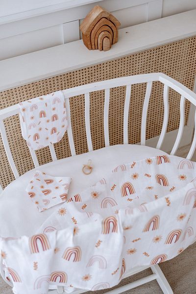 Lilabio 100% Organic Cotton Double Layer Rainbow Patterned Muslin Cover Set (100X100 Muslin-Bib-Shoulder Cloth)