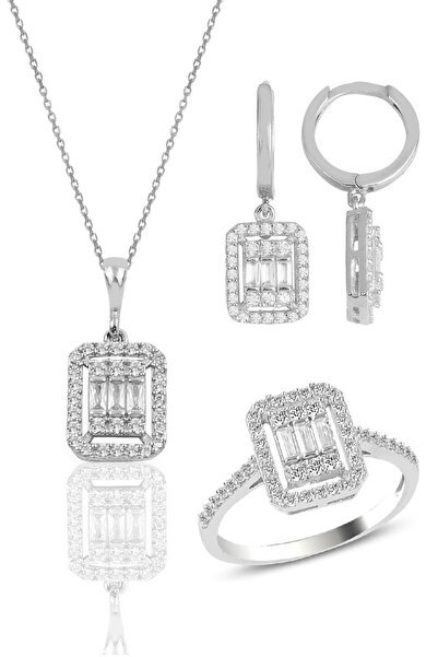 Söğütlü Silver Gümüş Beyaz Altın Rodyumlu Baget Taşlı Çizgili Üçlü Set Sgtl11565