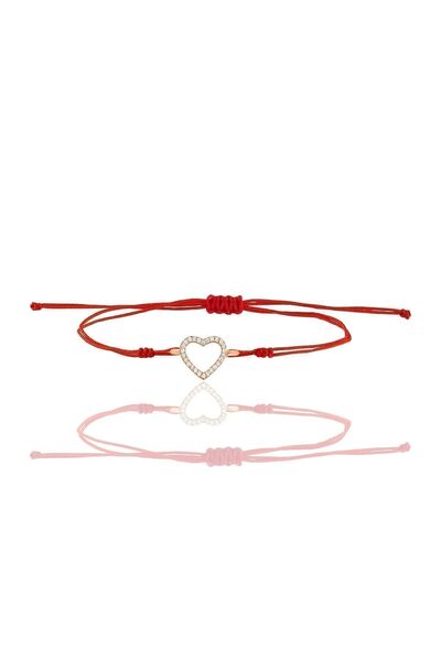 Söğütlü Silver Gümüş rose zirkon taşlı kırmızı ipli kalp bileklik SGTL12411ROSE