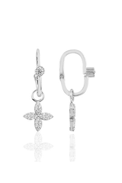 Söğütlü Silver Gümüş Rodyumlu Taşlı  Dört Yapraklı Yonca Göçmen Küpe